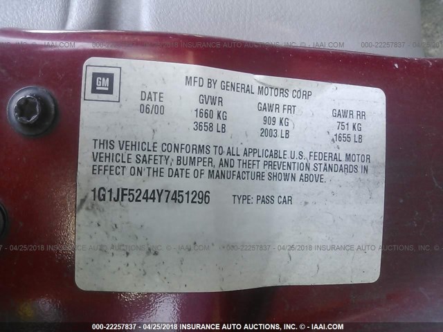 1G1JF5244Y7451296 - 2000 CHEVROLET CAVALIER LS RED photo 9