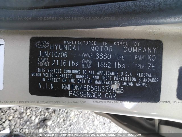 KMHDN46D56U372645 - 2006 HYUNDAI ELANTRA GLS/GT/LIMITED GOLD photo 9