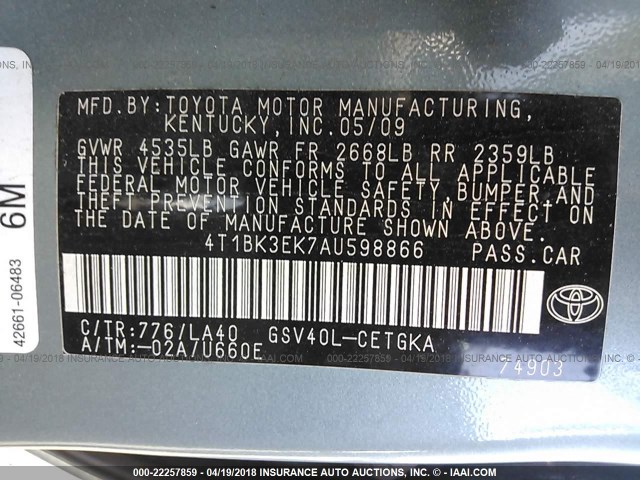 4T1BK3EK7AU598866 - 2010 TOYOTA CAMRY SE/LE/XLE 绿色 照片 9