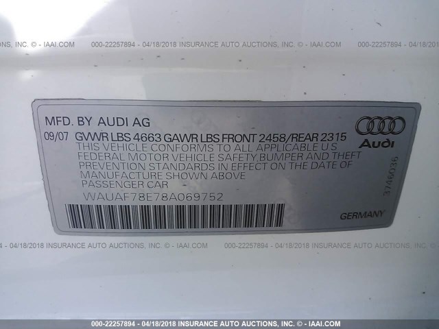 WAUAF78E78A069752 - 2008 AUDI A4 2.0T WHITE photo 9