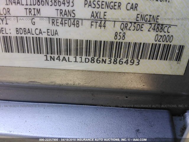 1N4AL11D86N386493 - 2006 NISSAN ALTIMA S/SL SILVER photo 9