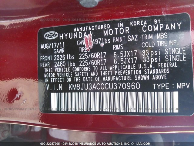 KM8JU3AC0CU370960 - 2012 HYUNDAI TUCSON GLS/LIMITED 红色 照片 9