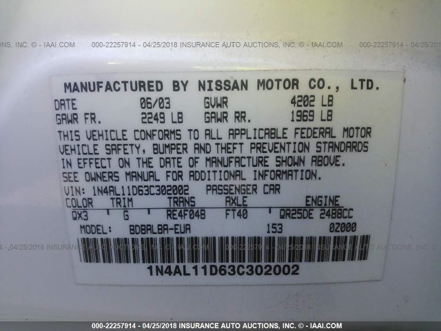 1N4AL11D63C302002 - 2003 NISSAN ALTIMA S/SL WHITE photo 9