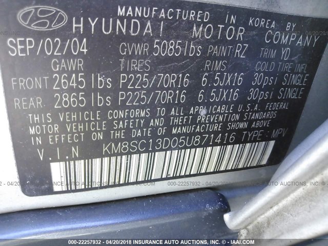 KM8SC13D05U871416 - 2005 HYUNDAI SANTA FE GLS/LX GRAY photo 9