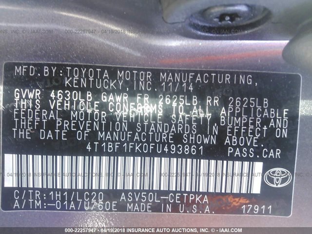 4T1BF1FK0FU493861 - 2015 TOYOTA CAMRY LE/XLE/SE/XSE GRAY photo 9