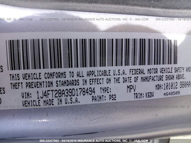 1J4FT28A39D178494 - 2009 JEEP PATRIOT SPORT SILVER photo 9