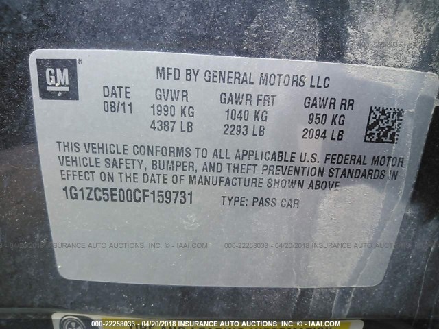 1G1ZC5E00CF159731 - 2012 CHEVROLET MALIBU 1LT 黑色 照片 9