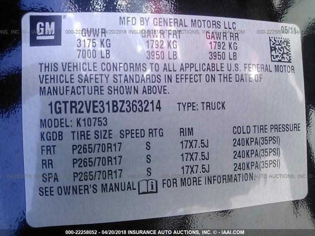 1GTR2VE31BZ363214 - 2011 GMC SIERRA K1500 SLE BLACK photo 9