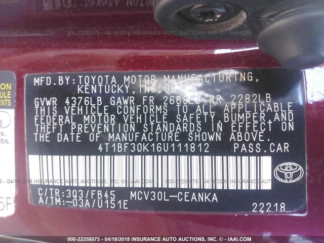 4T1BF30K16U111812 - 2006 TOYOTA CAMRY LE/XLE/SE 红色 照片 9