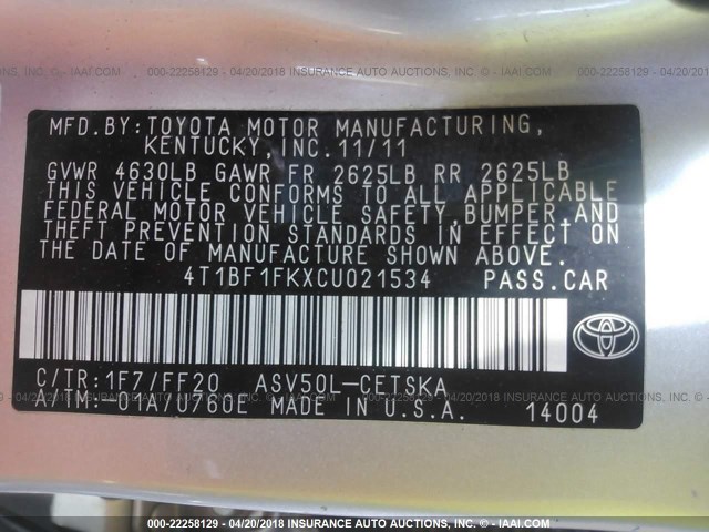 4T1BF1FKXCU021534 - 2012 TOYOTA CAMRY SE/LE/XLE GRAY photo 9