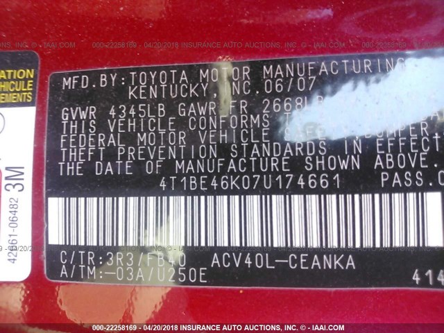 4T1BE46K07U174661 - 2007 TOYOTA CAMRY NEW GENERAT CE/LE/XLE/SE RED photo 9