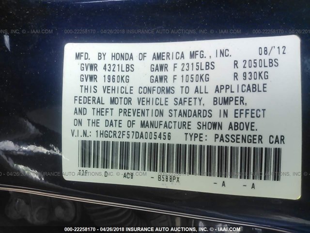 1HGCR2F57DA005456 - 2013 HONDA ACCORD SPORT BLUE photo 9