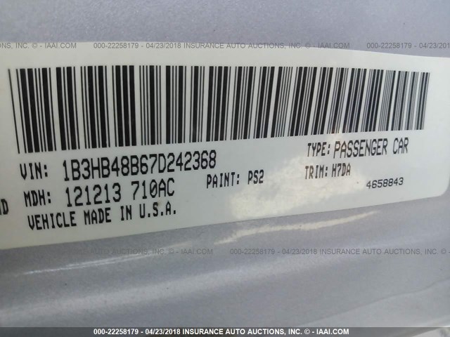 1B3HB48B67D242368 - 2007 DODGE CALIBER SXT SILVER photo 9