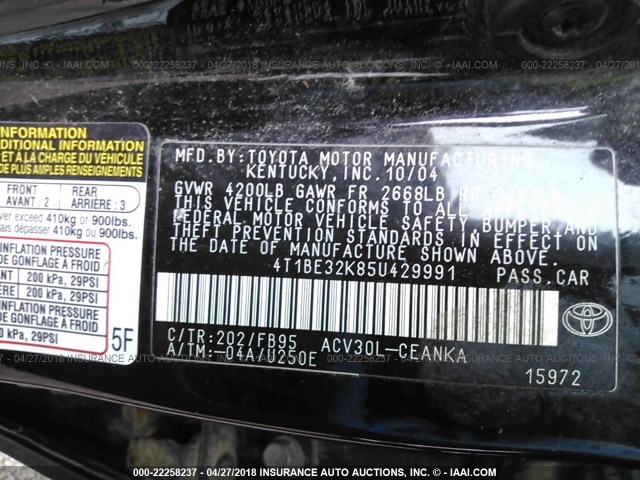 4T1BE32K85U429991 - 2005 TOYOTA CAMRY LE/XLE/SE 黑色 照片 9