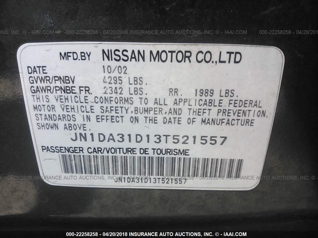 JN1DA31D13T521557 - 2003 NISSAN MAXIMA GLE/GXE/SE GRAY photo 9