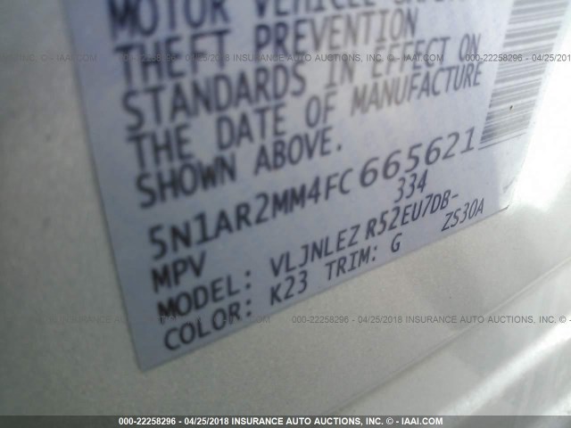 5N1AR2MM4FC665621 - 2015 NISSAN PATHFINDER S/SV/SL/PLATINUM 银色 照片 9