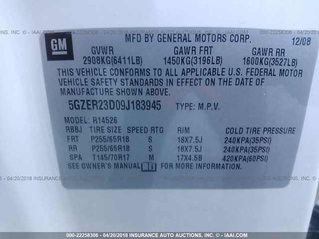 5GZER23D09J183945 - 2009 SATURN OUTLOOK XR თეთრი ფოტო 9