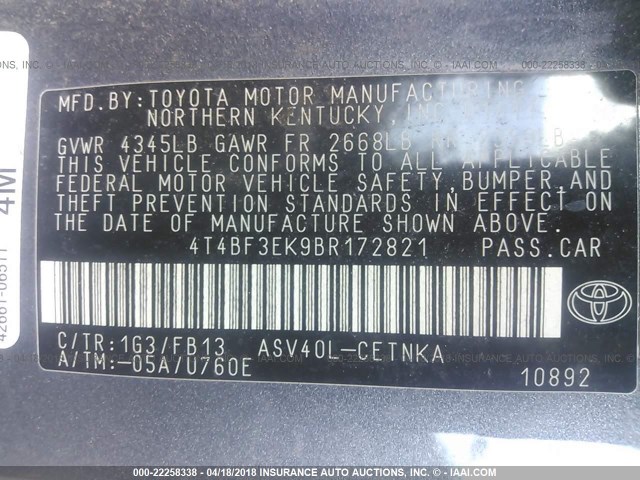 4T4BF3EK9BR172821 - 2011 TOYOTA CAMRY SE/LE/XLE GRAY photo 9