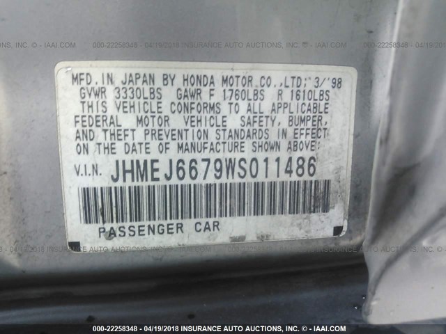 JHMEJ6679WS011486 - 1998 HONDA CIVIC LX SILVER photo 9