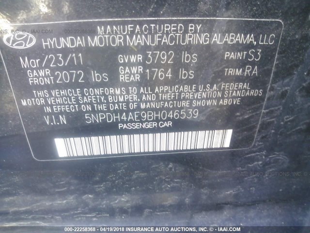 5NPDH4AE9BH046539 - 2011 HYUNDAI ELANTRA GLS/LIMITED BLACK photo 9