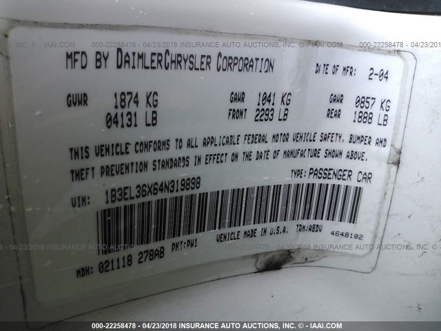 1B3EL36X64N319898 - 2004 DODGE STRATUS SE WHITE photo 9