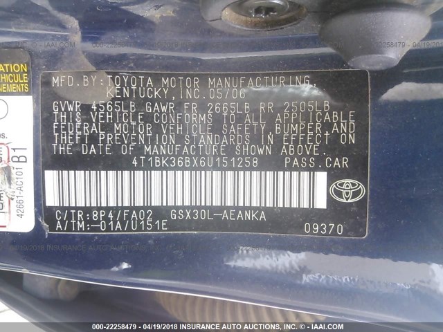 4T1BK36BX6U151258 - 2006 TOYOTA AVALON XL/XLS/TOURING/LIMITED BLUE photo 9