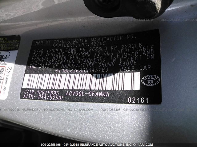 4T1BE32K86U145763 - 2006 TOYOTA CAMRY LE/XLE/SE ვერცხლისფერი ფოტო 9