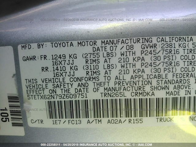 5TETX62N79Z609751 - 2009 TOYOTA TACOMA PRERUNNER ACCESS CAB SILVER photo 9