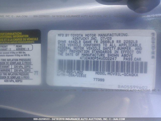 4T1CA30P54U002247 - 2004 TOYOTA CAMRY SOLARA SE/SLE ღია ლურჯი ფოტო 9