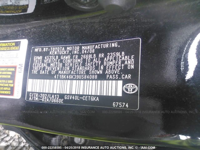 4T1BK46K39U584088 - 2009 TOYOTA CAMRY SE/LE/XLE BLACK photo 9