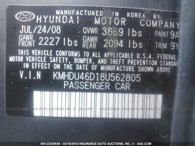 KMHDU46D18U562805 - 2008 HYUNDAI ELANTRA GLS/SE/LIMITED GRAY photo 9