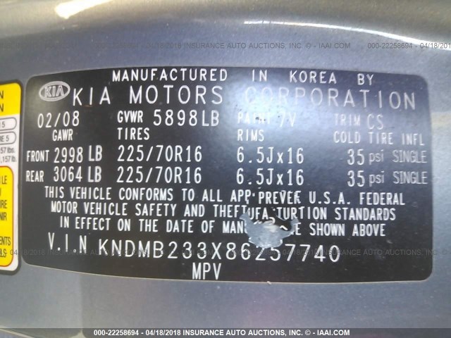 KNDMB233X86257740 - 2008 KIA SEDONA EX/LX GRAY photo 9