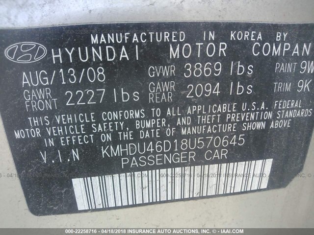 KMHDU46D18U570645 - 2008 HYUNDAI ELANTRA GLS/SE/LIMITED GOLD photo 9