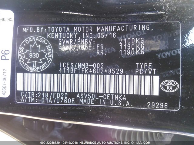 4T1BF1FK4GU248529 - 2016 TOYOTA CAMRY LE/XLE/SE/XSE 黑色 照片 9