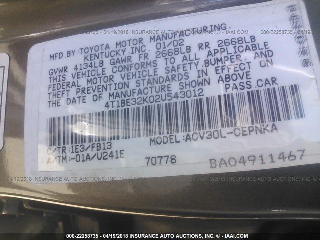 4T1BE32K02U543012 - 2002 TOYOTA CAMRY LE/XLE/SE GRAY photo 9