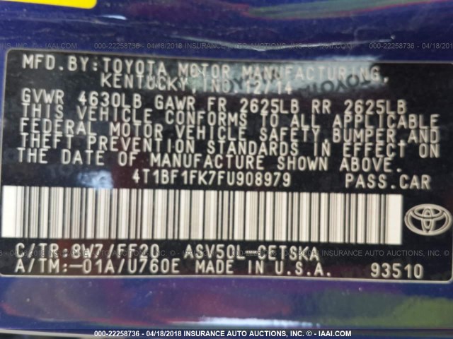 4T1BF1FK7FU908979 - 2015 TOYOTA CAMRY LE/XLE/SE/XSE 蓝色 照片 9