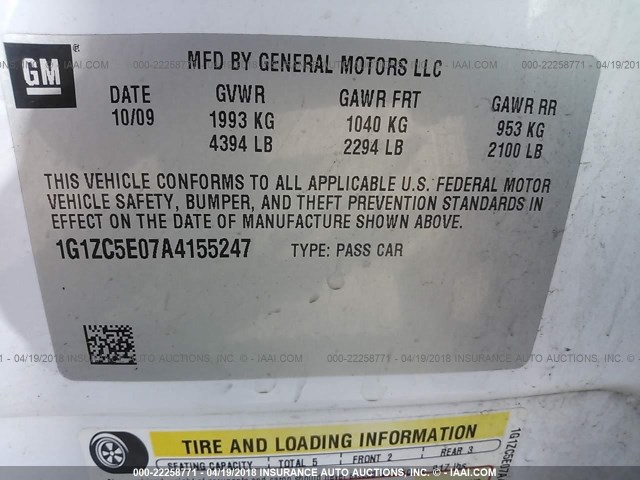 1G1ZC5E07A4155247 - 2010 CHEVROLET MALIBU 1LT 白色 照片 9