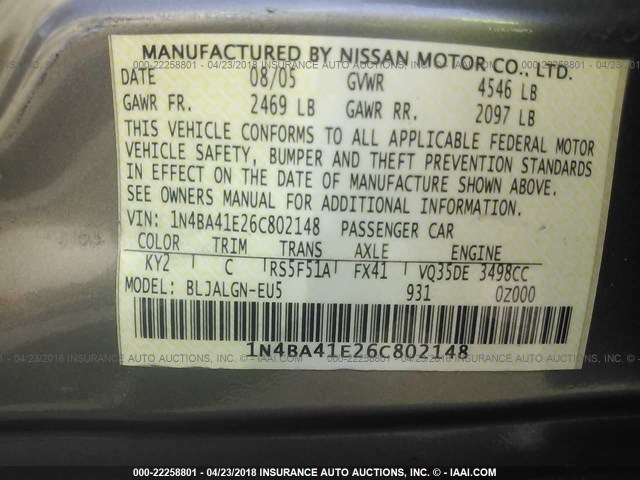 1N4BA41E26C802148 - 2006 NISSAN MAXIMA SE/SL BEIGE photo 9