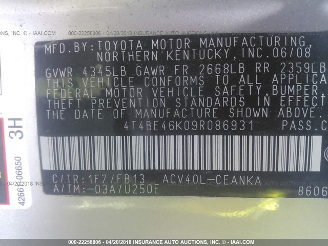 4T4BE46K09R086931 - 2009 TOYOTA CAMRY SE/LE/XLE ვერცხლისფერი ფოტო 9