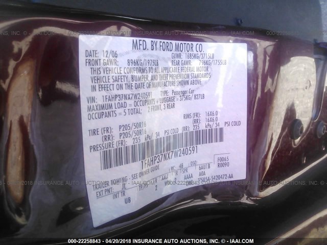 1FAHP37NX7W240591 - 2007 FORD FOCUS ZX5/S/SE/SES 栗色 照片 9