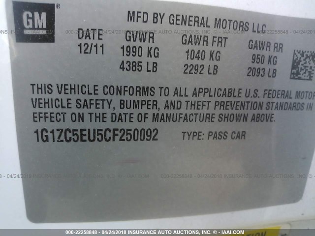 1G1ZC5EU5CF250092 - 2012 CHEVROLET MALIBU 1LT 白色 照片 9