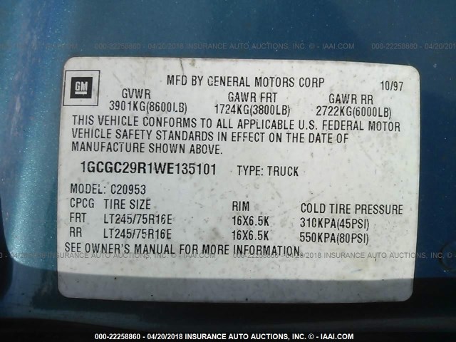 1GCGC29R1WE135101 - 1998 CHEVROLET GMT-400 C2500 Light Blue photo 9