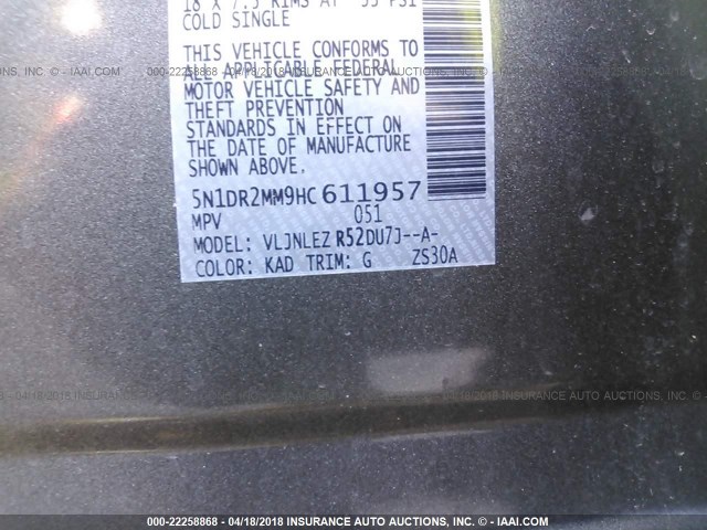 5N1DR2MM9HC611957 - 2017 NISSAN PATHFINDER S/SV/SL/PLATINUM 灰色 照片 9