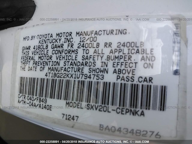 4T1BG22KX1U794753 - 2001 TOYOTA CAMRY CE/LE/XLE 白色 照片 9