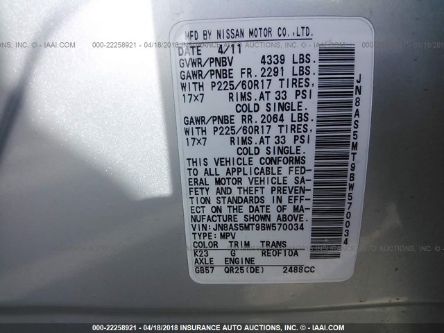 JN8AS5MT9BW570034 - 2011 NISSAN ROGUE S/SV/KROM SILVER photo 9