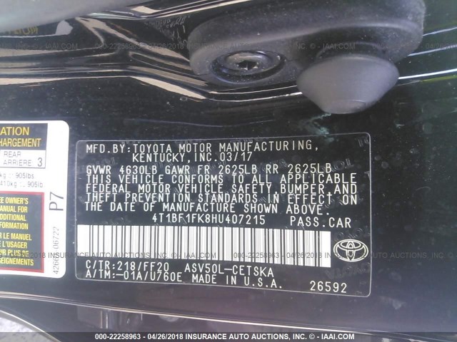 4T1BF1FK8HU407215 - 2017 TOYOTA CAMRY LE/XLE/SE/XSE შავი ფოტო 9