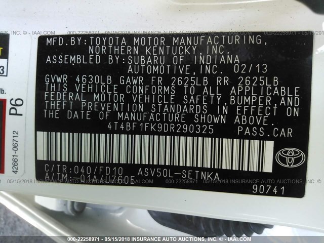 4T4BF1FK9DR290325 - 2013 TOYOTA CAMRY L/SE/LE/XLE WHITE photo 9