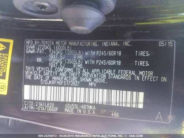 5TDJKRFH0FS173927 - 2015 TOYOTA HIGHLANDER XLE შავი ფოტო 9