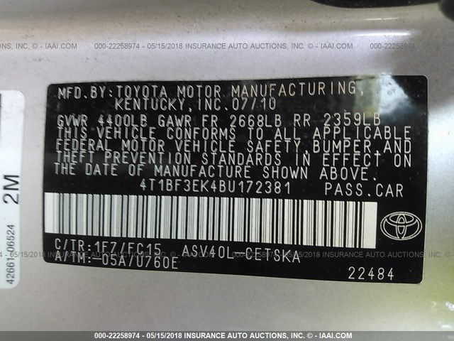 4T1BF3EK4BU172381 - 2011 TOYOTA CAMRY SE/LE/XLE Күміс фото 9