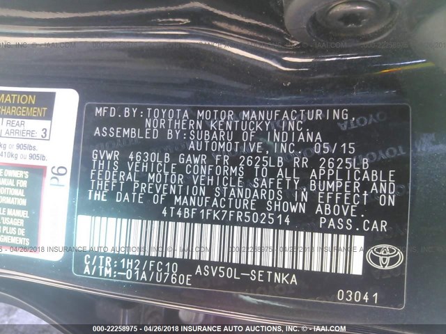 4T4BF1FK7FR502514 - 2015 TOYOTA CAMRY LE/XLE/SE/XSE Schwarz Foto 9